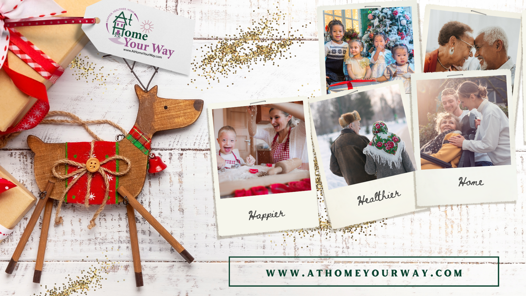Holiday image with gift from At Home Your Way. Polaroid images of individuals with disabilities home spending time with family.